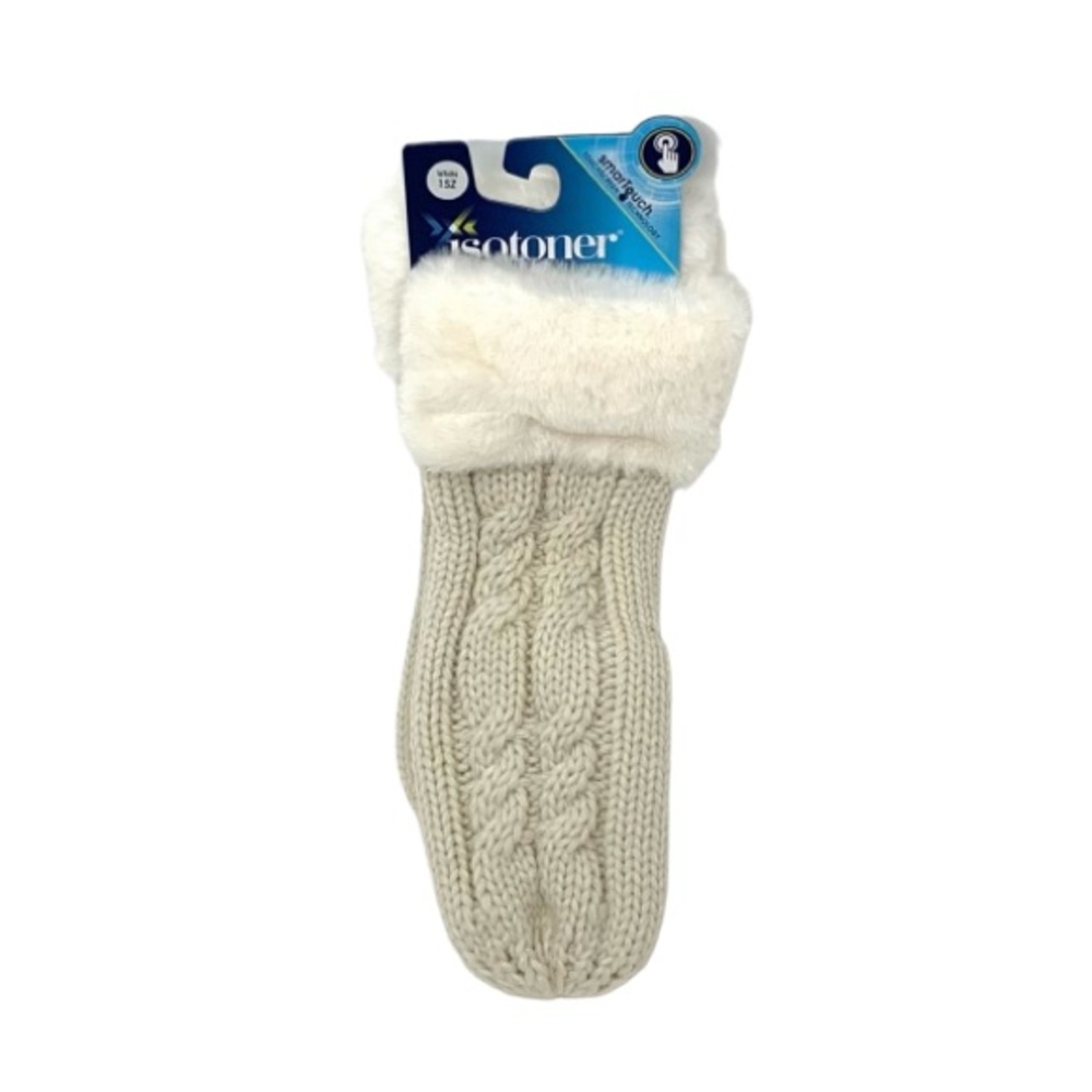 Isotoner Cable Knit Faux Fur Trim Mittens SmarTouch Tech Natural Ivory White Nwt